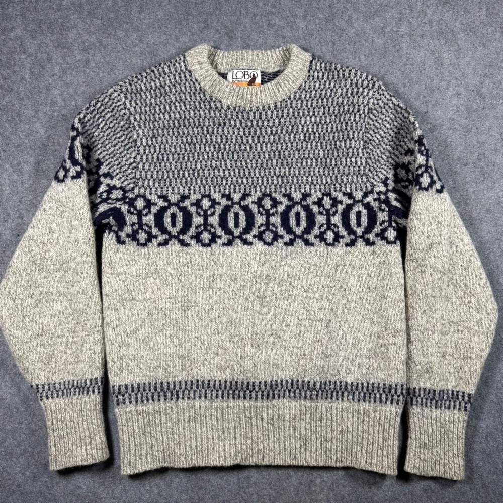 Vintage Lobo by Pendleton Sweater Mens Large Grey Navy Fair Isle Wool Geometric